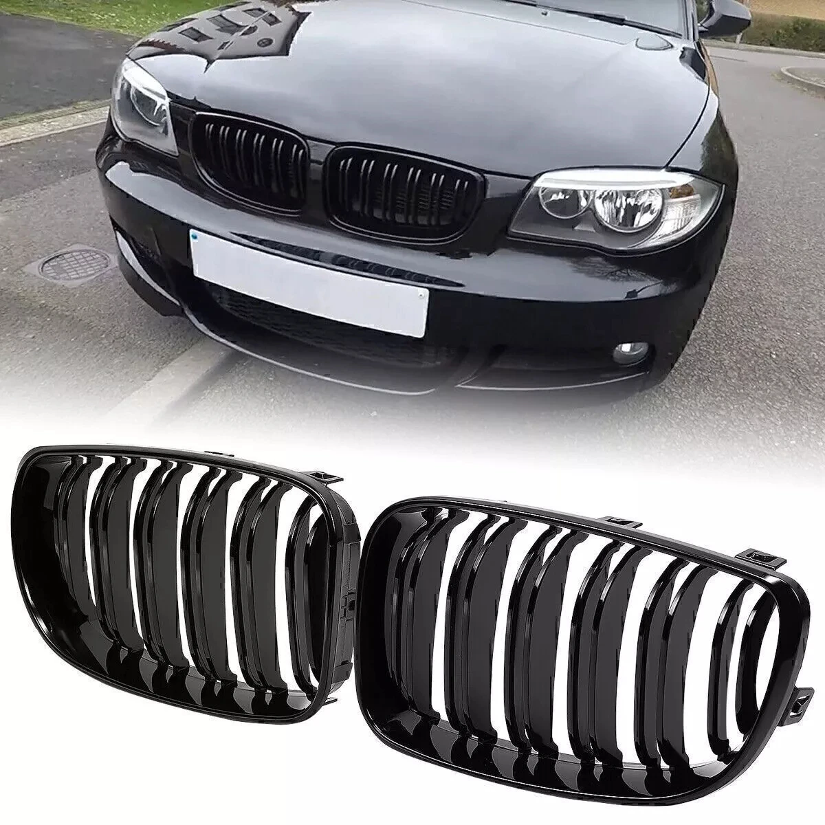 1Pair Auto Paraurti Anteriore Rene Grille Per BMW E81 E87 E82 E88 128i 130i 135i 2008-2013 Nero Lucido Doppia Linea Racing Grill