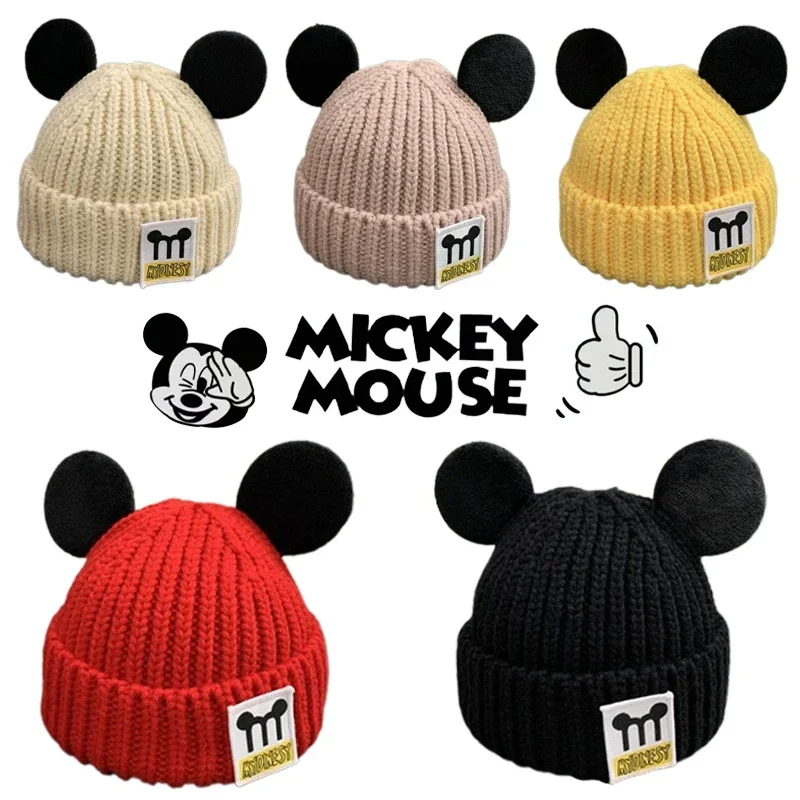 Disney Mickey Maus Beanie Hut Herbst Winter Baby Warme Gestrickte Hüte Cartoon Anime Kinder Skullies Kappe Mädchen Zubehör Geschenk Image