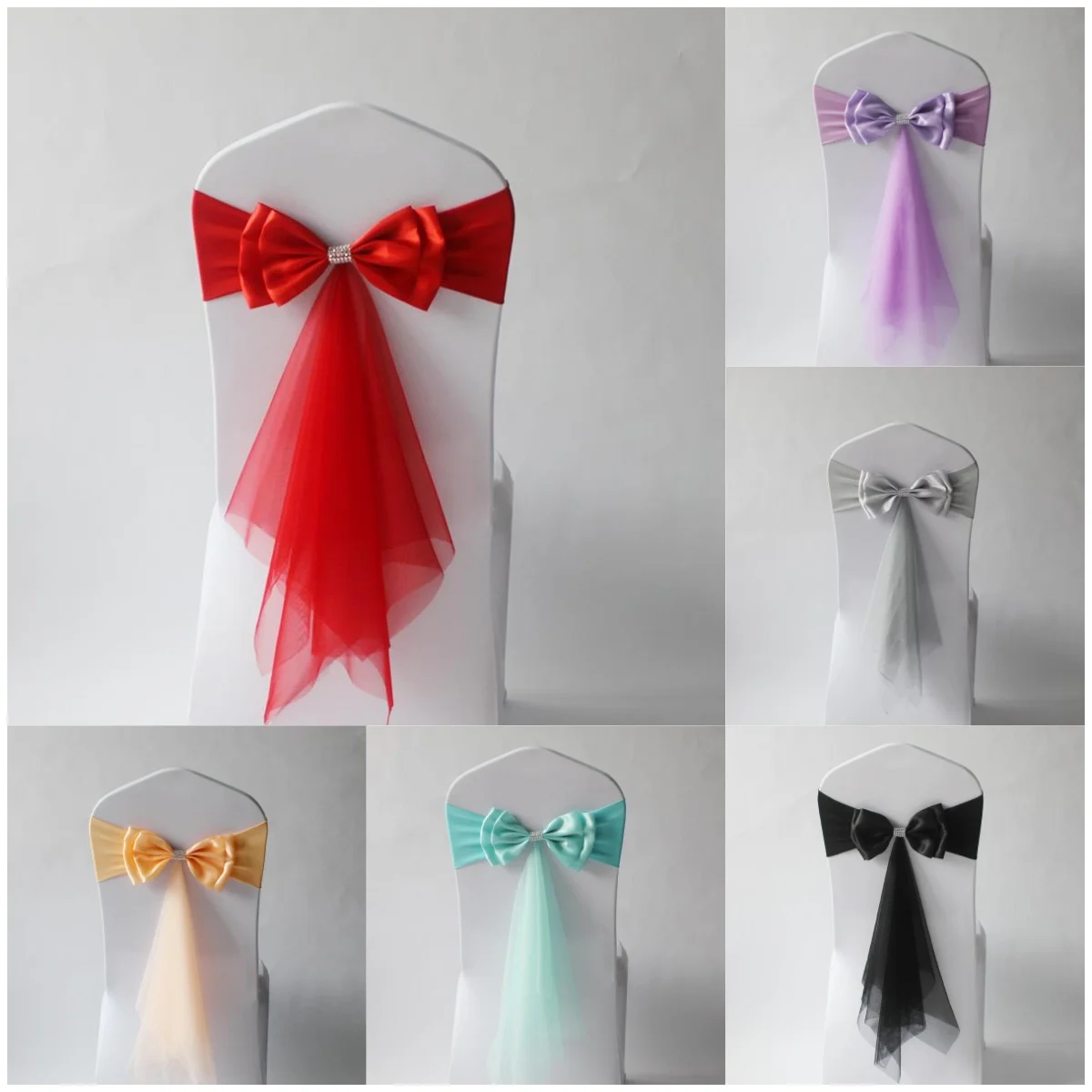 Hochzeitsdekoration, elegante, fertige Fliege, Spandex-Stuhlschärpen mit Organza, langer Schwanz, Geburtstag, Feiertagsfeier Image