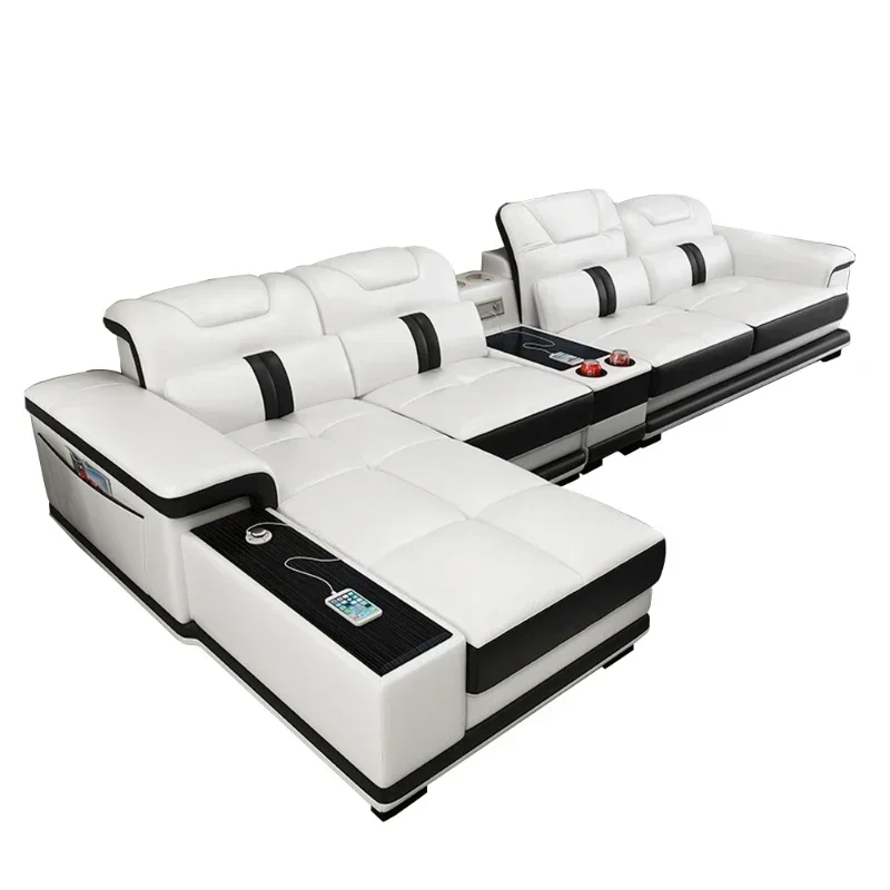 Tragbares nordisches L-förmiges Sofagarnitur mit Bluetooth-Kopfstütze – Ecksofa-Lautsprecher aus echtem Rindsleder