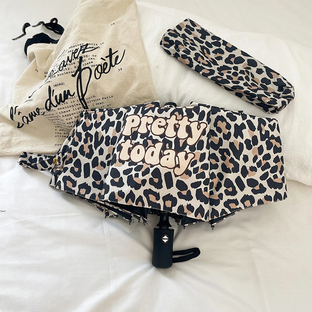 Vollautomatischer faltbarer Retro-Regenschirm aus schwarzem Gummi mit Leopardenmuster, Sonnenschutz für Damen, Sonnenschirm, Sonnenschirm mit UV-Schutz Image