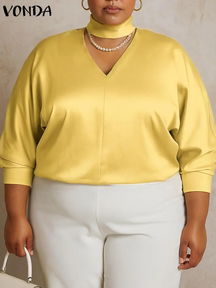 Plus Größe 5XL VONDA Frauen Satin Seide Bluse Mode V-ausschnitt Tops 2025, Einfarbig Elegante Arbeit OL Tunika Casual 3/4 hülse Blusas