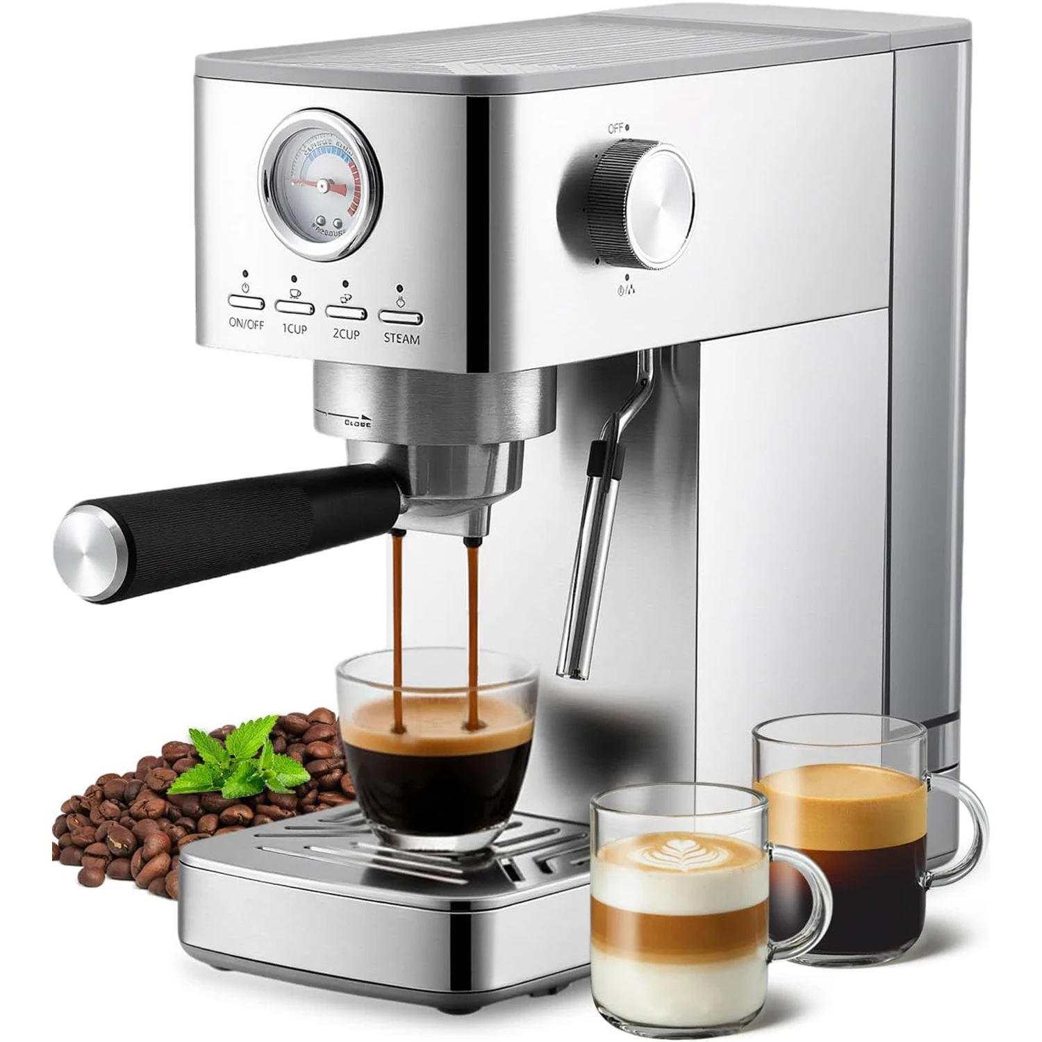 Halbautomatische Espresso-Kaffeemaschine, 1300 W, italienische Kaffeemaschine aus Edelstahl mit Dampfdüse und Manometer, schnelles Aufheizen Image