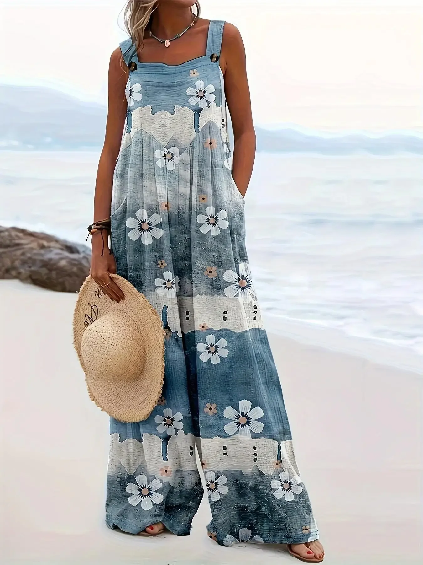 Damenmode, Übergröße, 1XL-5XL, Blumendruck, weites Bein, Overall, Damen, lässig, Tasche, ärmellos, quadratischer Ausschnitt Image