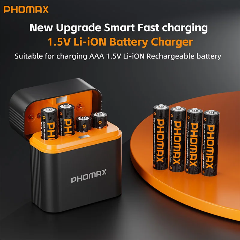 PHOMAX 1,5 V AAA 1110 mWh wiederaufladbare Lithiumbatterie, 4 Steckplätze, intelligente unabhängige Ladebox, hohe Kapazität, USB-C-Ladeset Image