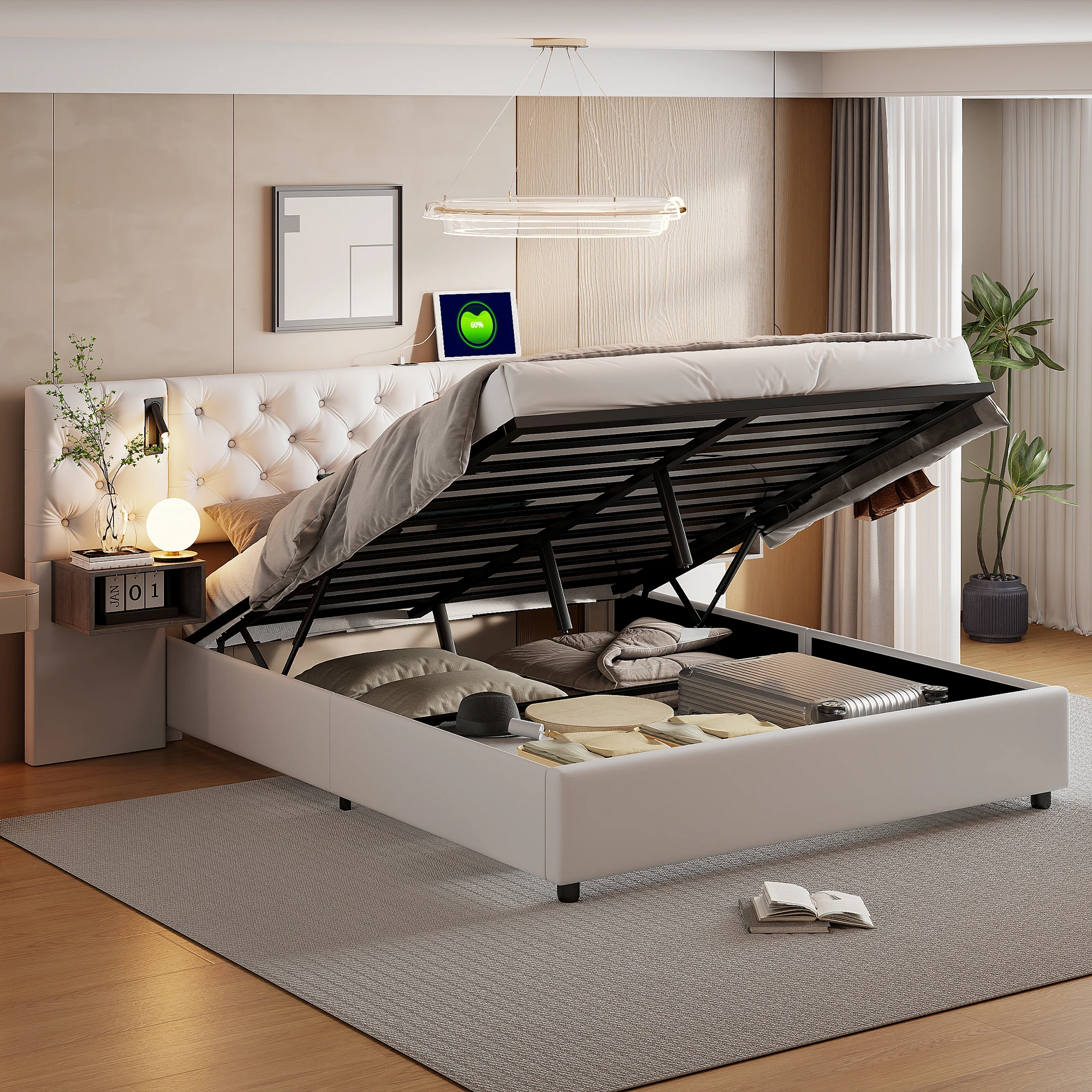 ROSAHQNDA Polsterbett, hydraulisches Bett mit USB und Leseleuchten, breiter Kopfteil mit Beistelltischen, Samt, ohne Matratze Image