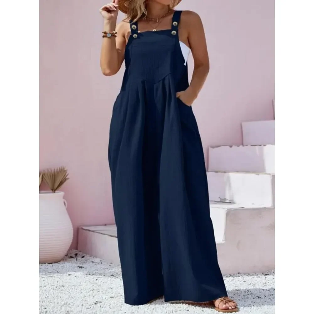 Plus Größe Neue Einfarbig frauen Sommer Overall Elegante Hohe Taille Beiläufige Lange Overalls Image
