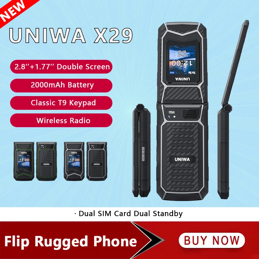 UNIWA X29 2,8 Zoll Doppelbildschirm Dual-SIM-Karte GSM Robustes Flip-Telefon 2000 mAh Große Schrift Große Taste für Senior Wireless Radio Image