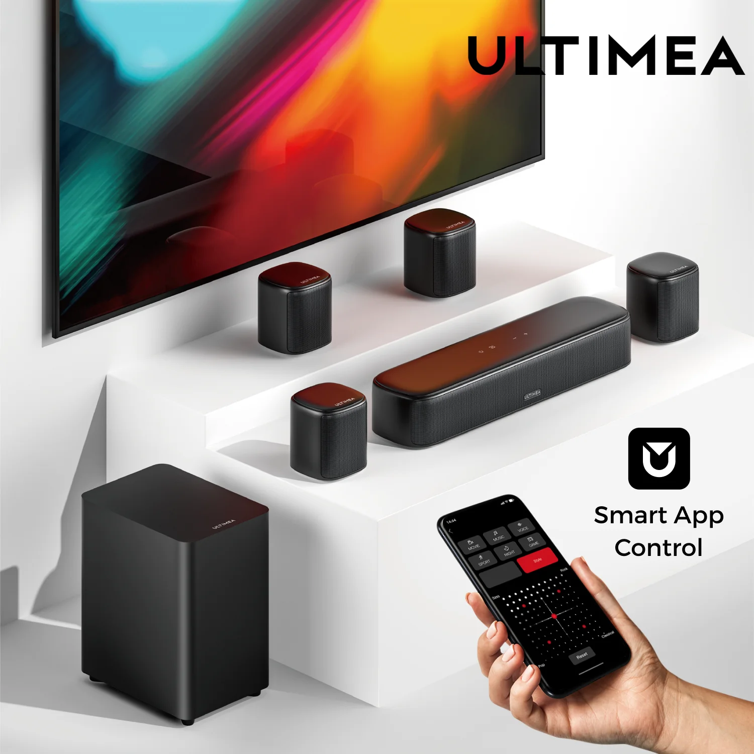 ULTIMEA 7.1-Kanal Soundbar-System für TV, 4 Surround-Lautsprecher, App-gesteuerter virtueller Surround-Sound, BassMX & SurroundX Image