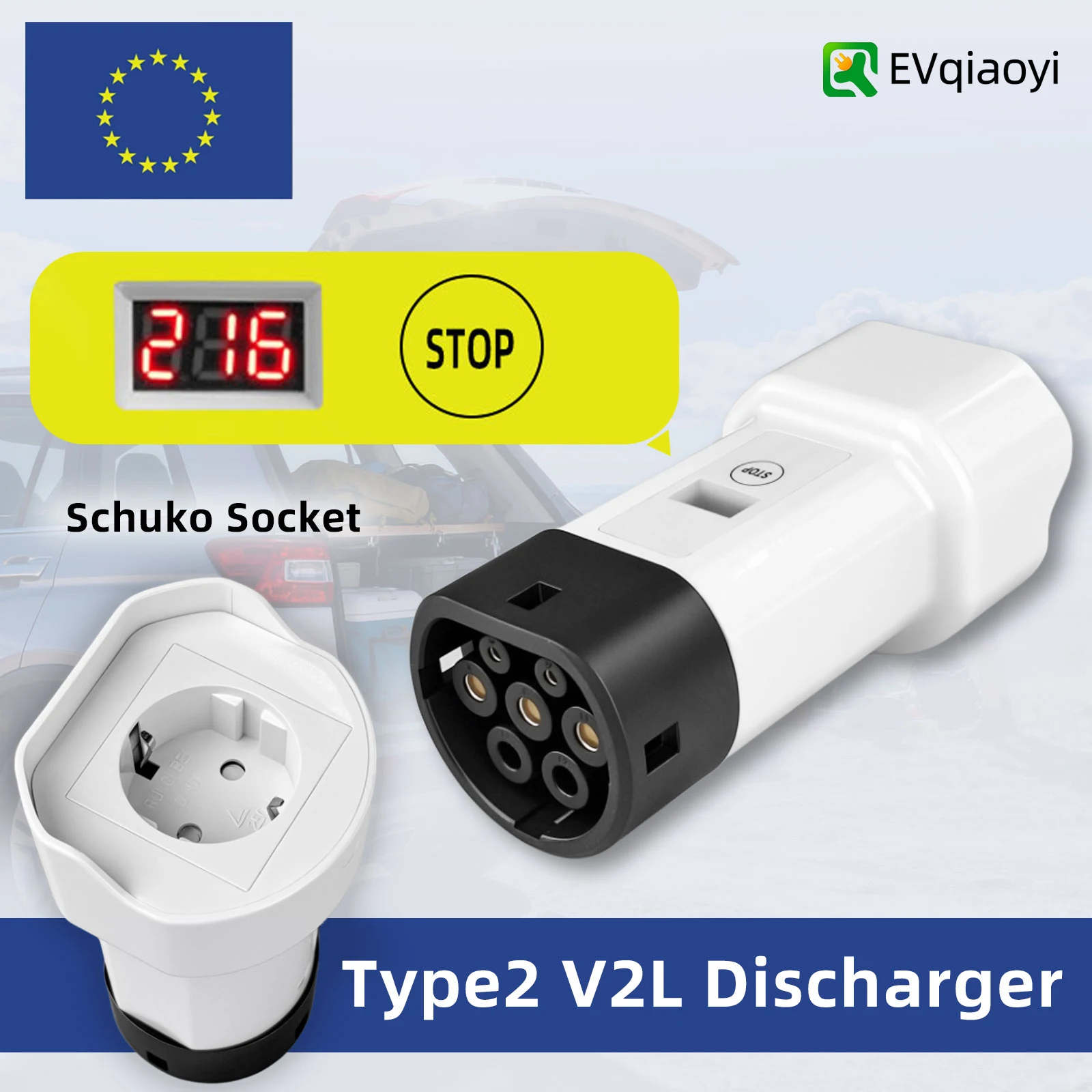 EVqiaoyi Typ2 V2L-Adapter mit Schuko-Buchse, Ein-Knopf-Aus- und Spannungsanzeige, Entladestecker für Elektroautos Typ2 Image