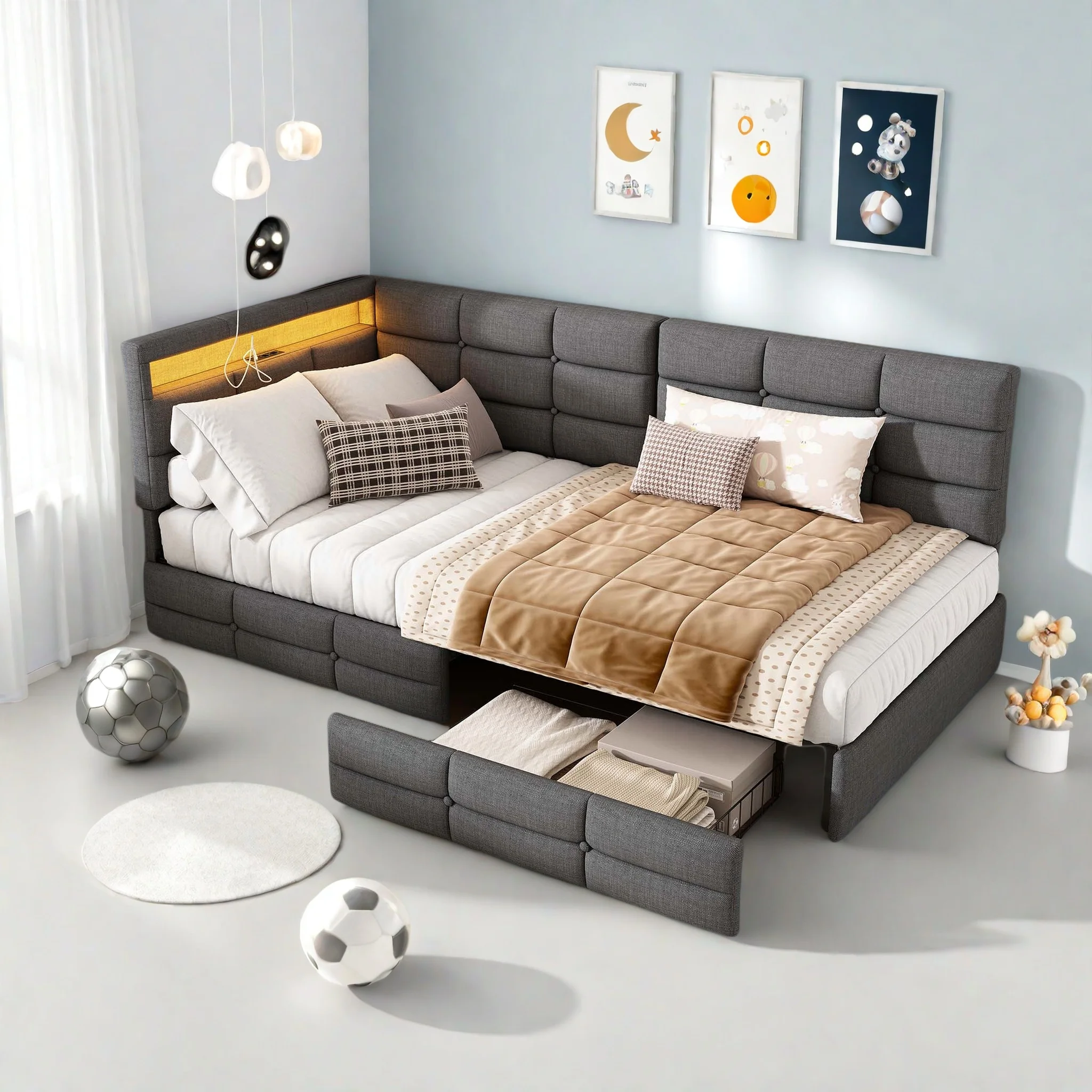Tagesbett Schlafsofa 90x200 cm, Polsterbett Einzelbett mit 2 Schubladen, Daybett mit LED und USB, Jugendbett Kinderbett Gästebett, Gepolstertes Stauraumbett Bettgestell mit Lattenrost, Leinen, Grau