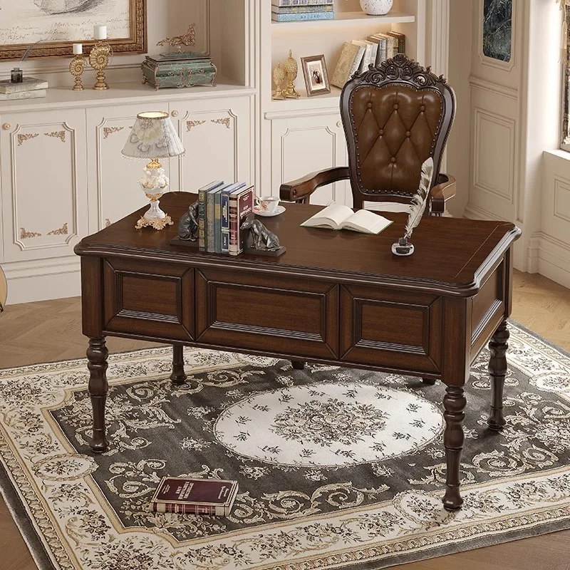 Amerikanischer Retro-Schreibtisch aus Massivholz, großes Brett, Zuhause, altes Geld, Land, klassische Eck-Schreibtisch- und Stuhlkombination aus Massivholz Image