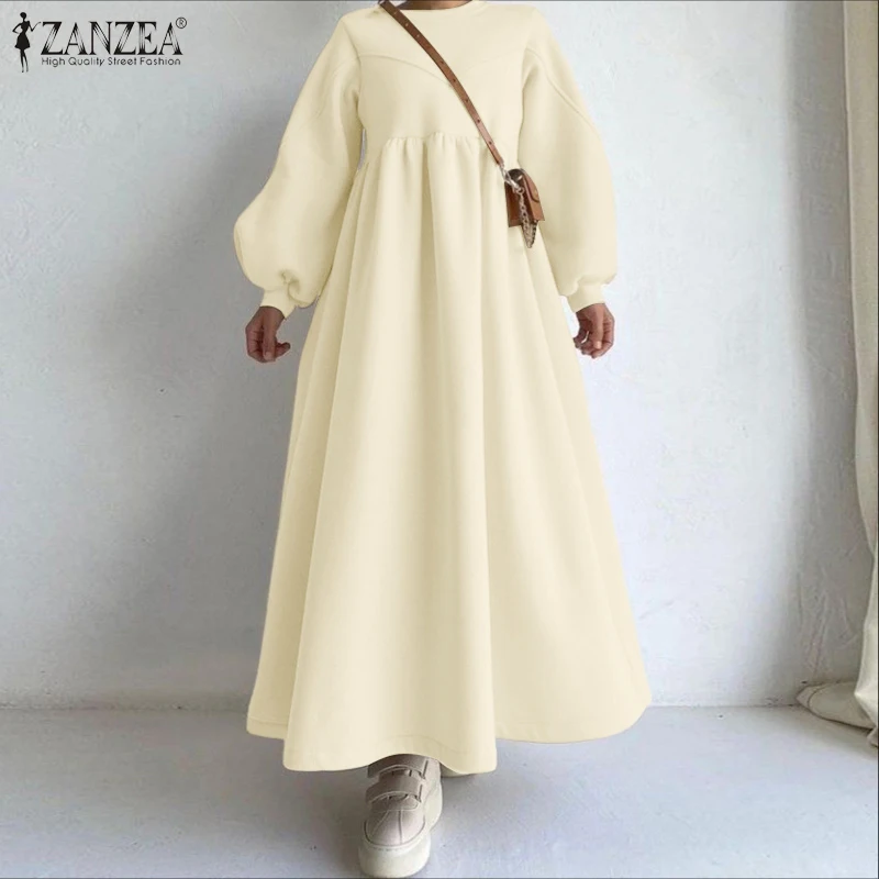 ZANZEA Damen Sweatshirt-Kleid 2026 – Modisches Herbst-Maxikleid mit langen Laternenärmeln, lässig, einfarbig, Oversize, weibliches langes Hemdkleid Image