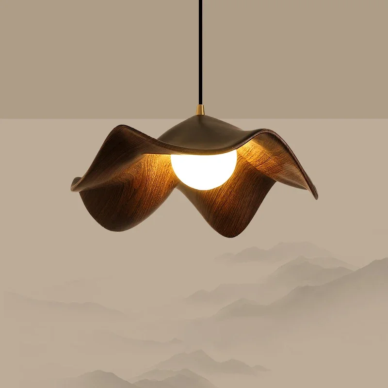 Lotusblatt Original Holzmaserung Farbe Pendelleuchte Moderne Harz Blume Kronleuchter für Schlafzimmer Esszimmer Bar Lampe LED Beleuchtung