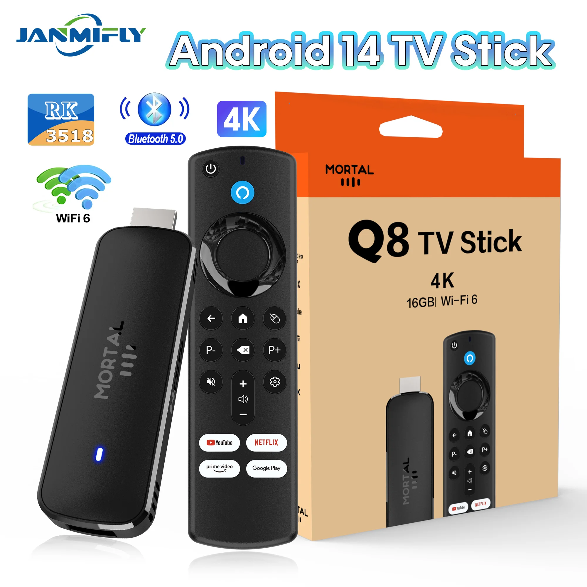 Heißer TV-Stick Q8 mit Sprachfernbedienung, Dual-WLAN 6, 4K Ultra HD, RK3518 Quad-Core Streaming-Stick, Heimkino-Mediaplayer Image