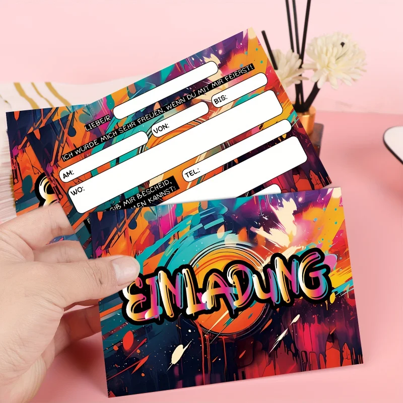 16er-Pack Graffiti-Geburtstagseinladungen, Fantasy-Motto-Partykarten, personalisierter deutscher Text, Cartoon-Muster Image