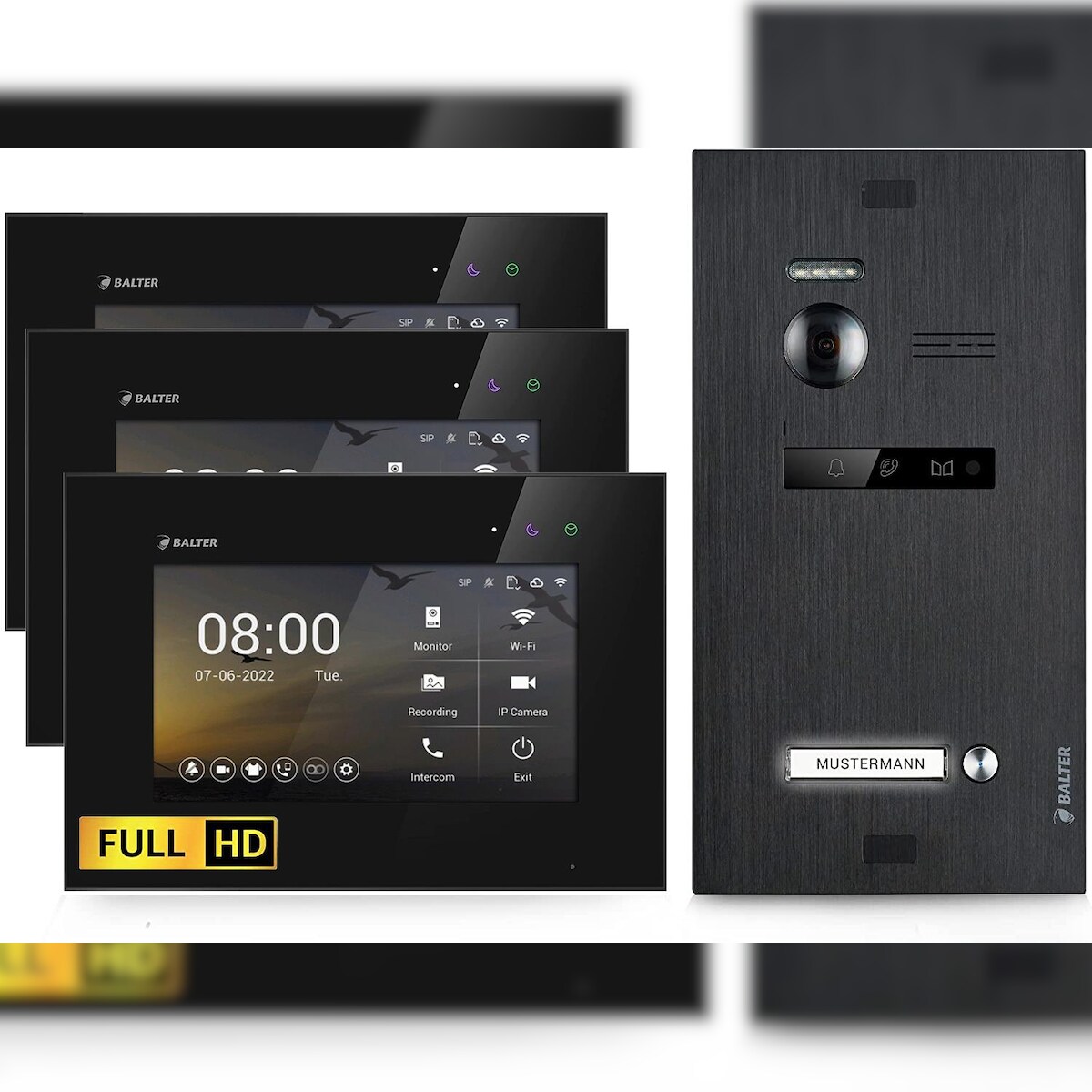 HD Video Türsprechanlage mit Smartphone App für 1 Familienhaus, 3x Monitor, Balter EVO HD WLAN Black Image
