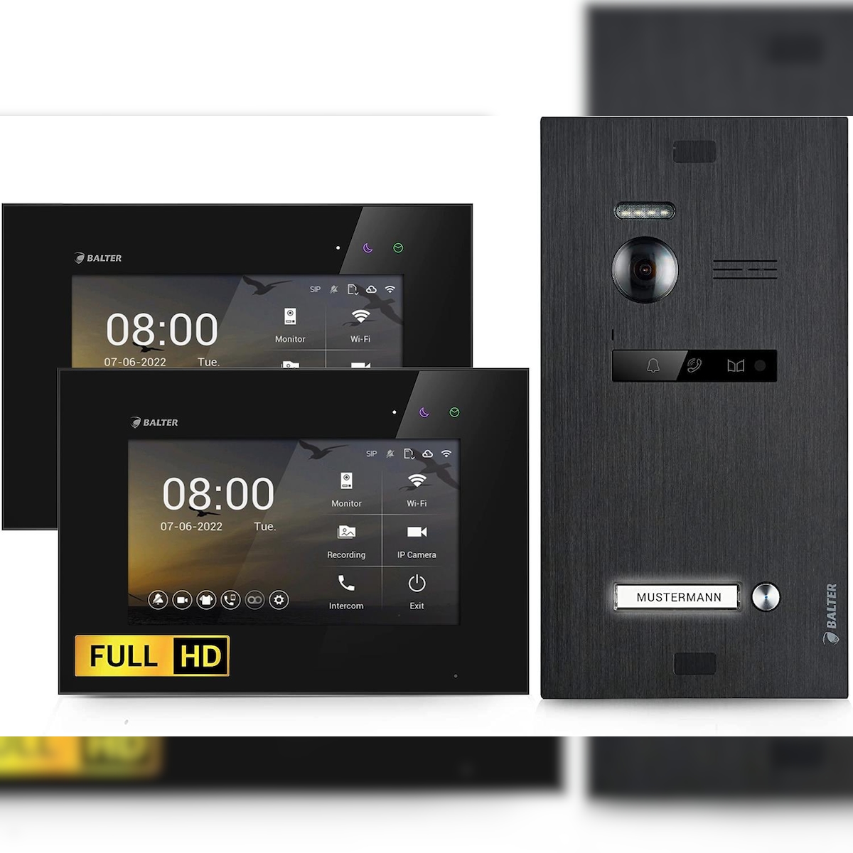 HD Video Türsprechanlage mit Smartphone App für 1 Familienhaus, 2x Monitor, Balter EVO HD WLAN Black Image