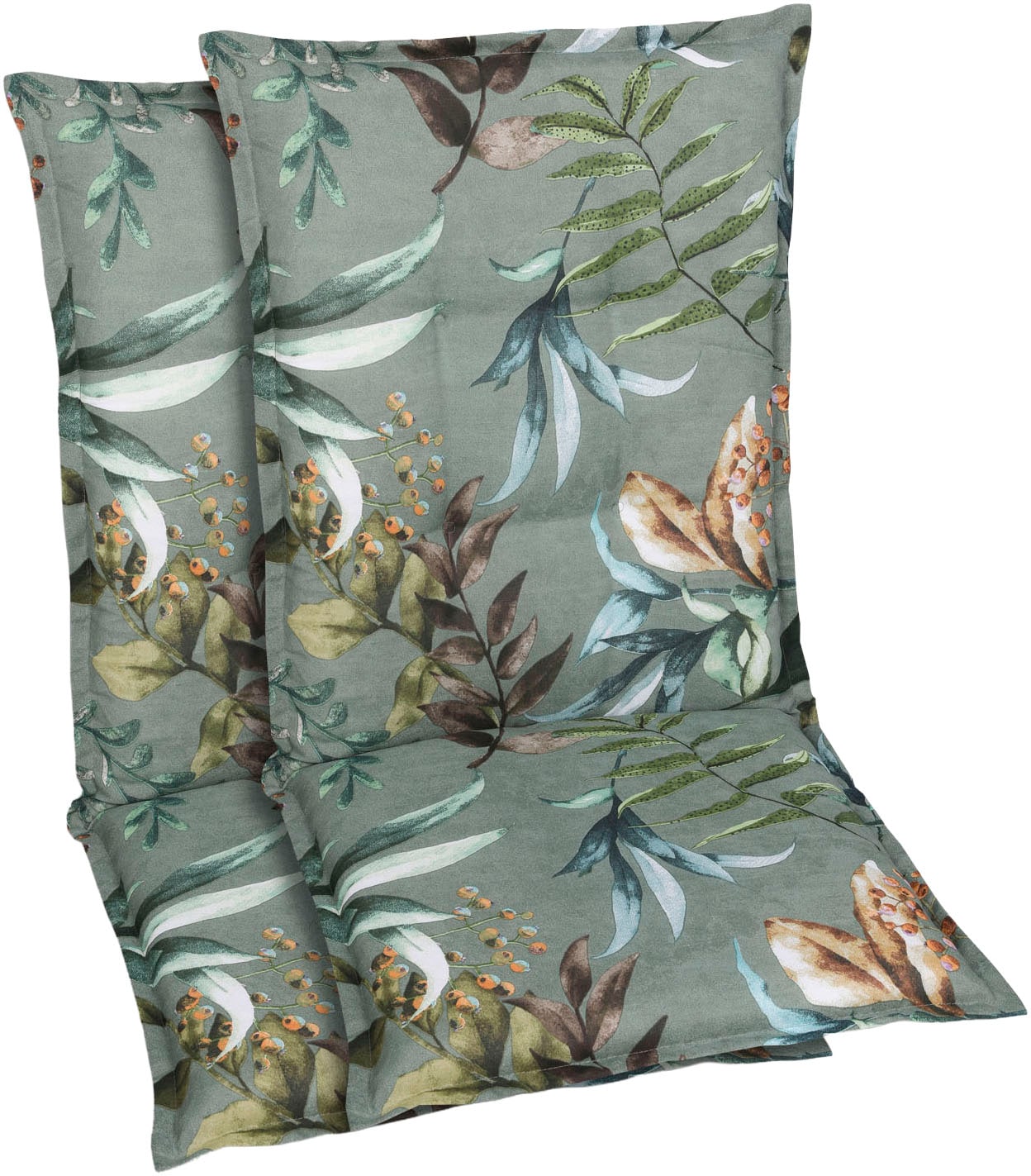 Sesselauflage GO-DE, grün, B:50cm H:7cm T:108cm, Baumwolle, Polyester, Polsterauflagen, Blätter / Beeren grün - Maße BxLxH ca.: 50 cm x 108 cm x 7 cm