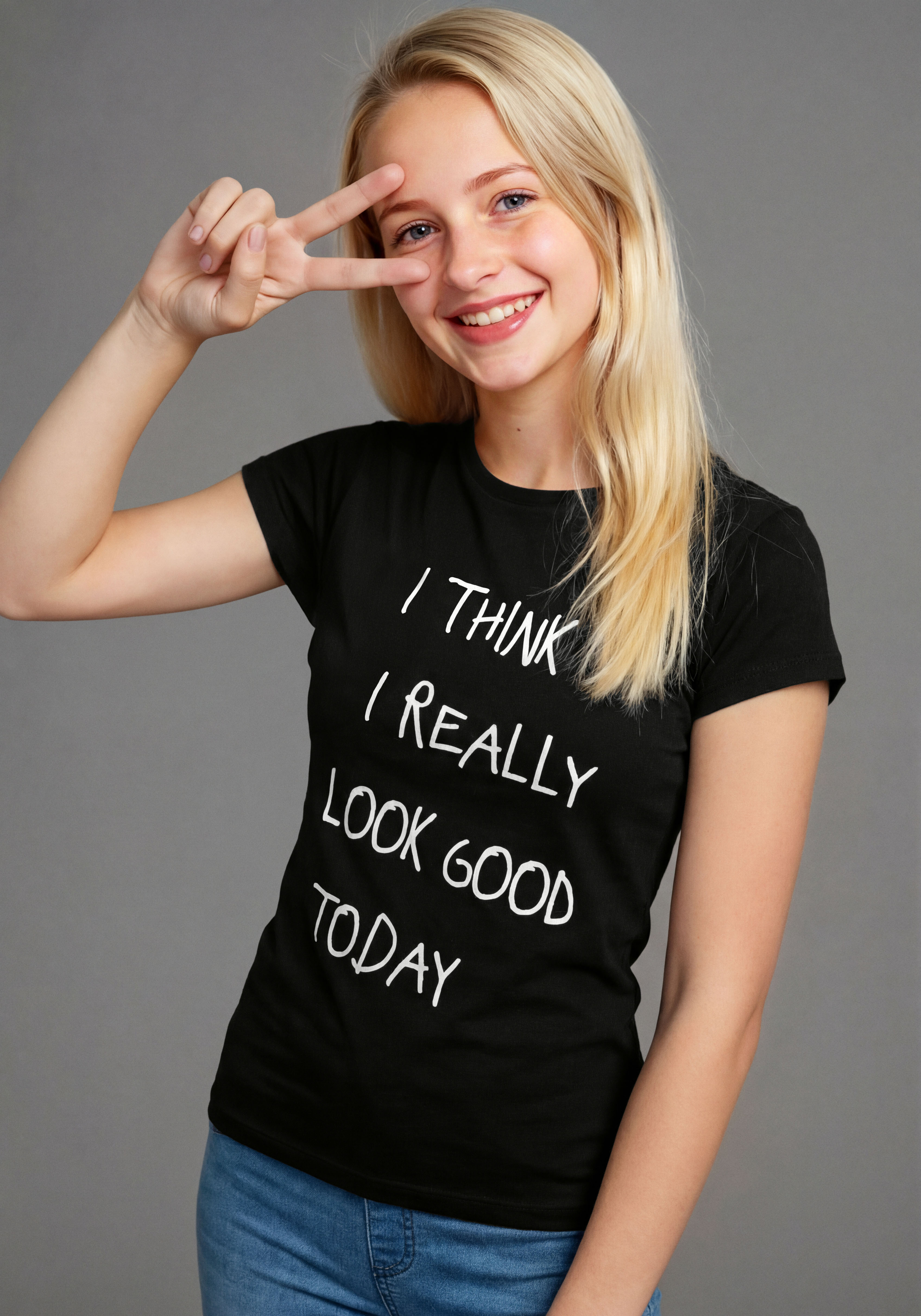 T-Shirt KIDSWORLD "Lässiger Spruch: I THINK I LOOK REALLY GOOD TODAY", Mädchen, Gr. 176/182, schwarz, Single Jersey, Obermaterial: 100% Baumwolle, bedruckt, Basic, Rundhals, Shirts T-Shirt, für Mädchen, Kurzarm, Rundhalsausschnitt, mit...