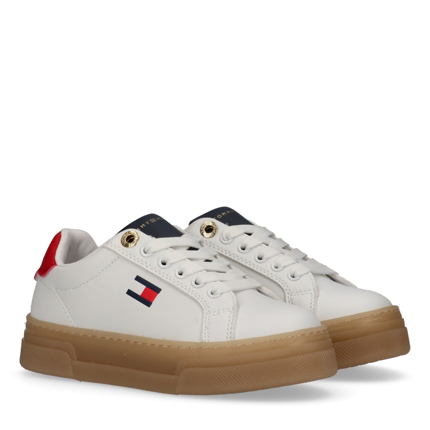 Sneaker TOMMY HILFIGER, Damen, Gr. 37, weiß, blau, rot, Synthetik, Textil, Schuhe Sneaker, Retro Sneaker, Schnürschuh, Halbschuh mit Plateausohle