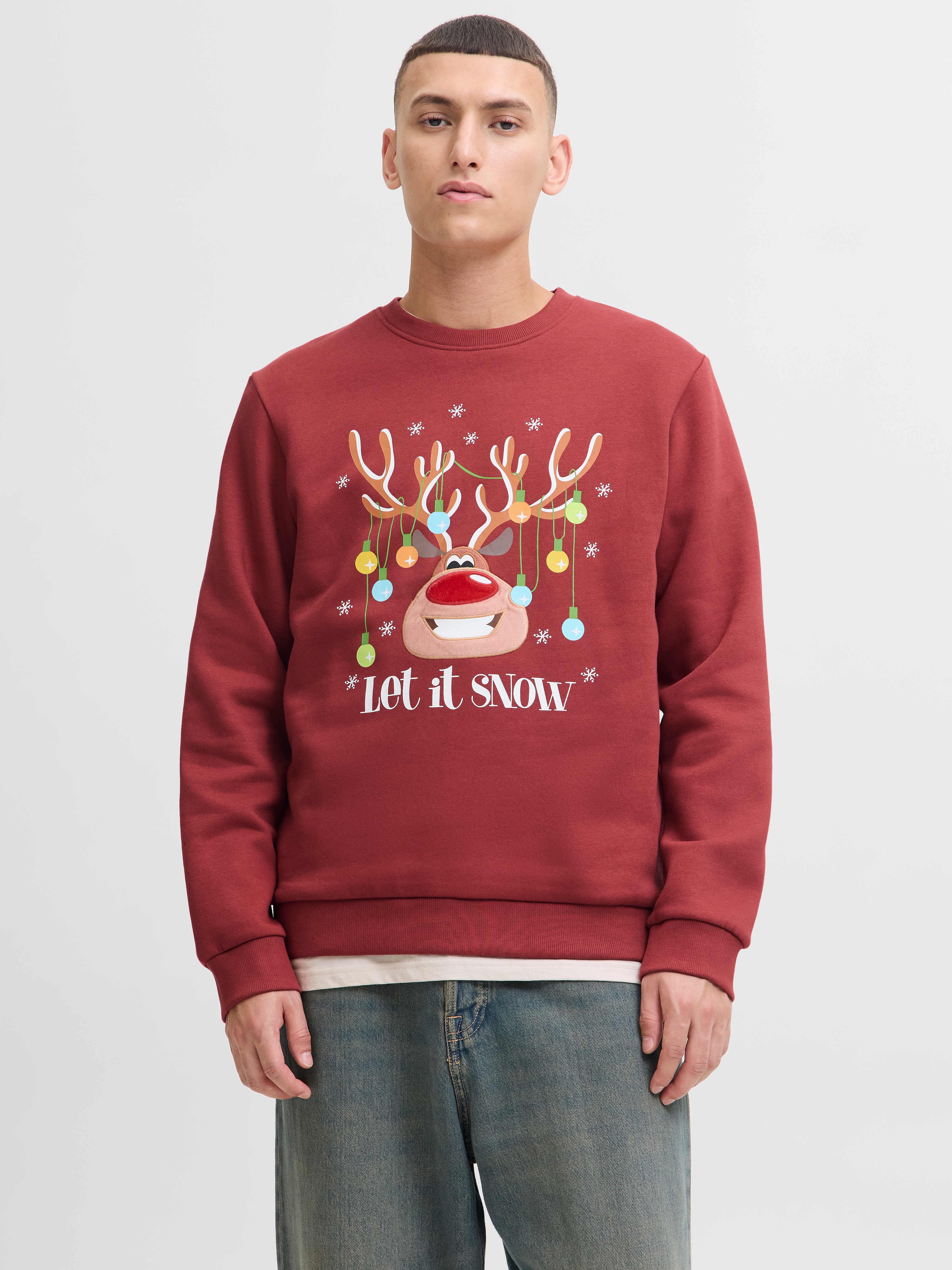 Sweatshirt JACK & JONES "JJCHRISTMAS SWEAT CREW NECK XMAS", Herren, Gr. M, brick rot, angeraute Sweatware, Obermaterial: 70% Baumwolle, 30% Polyester, bedruckt, regular fit normal, Rundhals, Rippbündchen, Sweatshirts Sweatshirt
