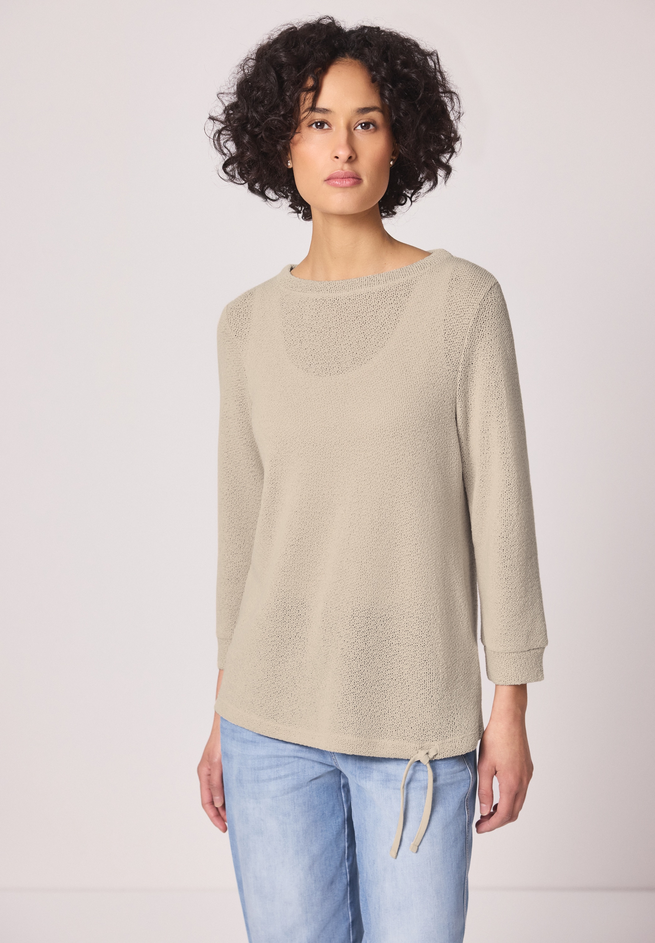 3/4-Arm-Shirt STREET ONE, Damen, Gr. 44, cotton beige, Stoff, 76% Polyester, 19% Viskose, 5% Elasthan, unifarben, comfort fit normal, U-Boot-Ausschnitt, Bündchen, Shirts 3/4-Arm-Shirt, mit 3/4 Ärmeln Image