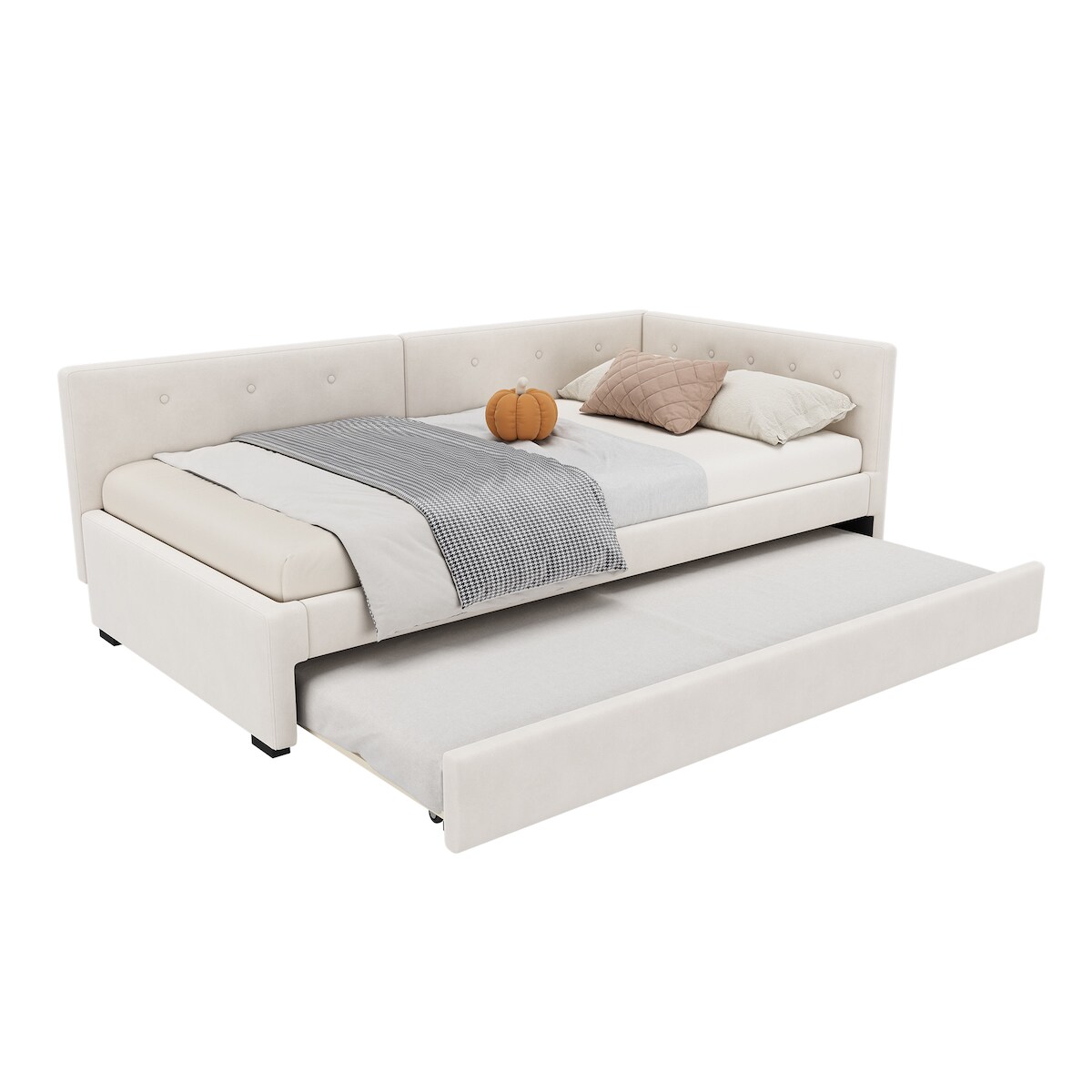 STILVORA Daybett 90x200 Ausziehbett mit Rollbett Schlafsofa Samt MDF komfortabel modern platzsparend multifunktional Beige Image