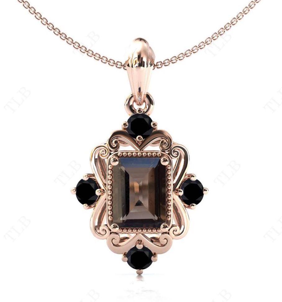 Collana con quarzo fumé taglio smeraldo, ciondolo da sposa in filigrana unico, ciondolo in onice nero naturale per donna, ciondolo da sposa in stile A