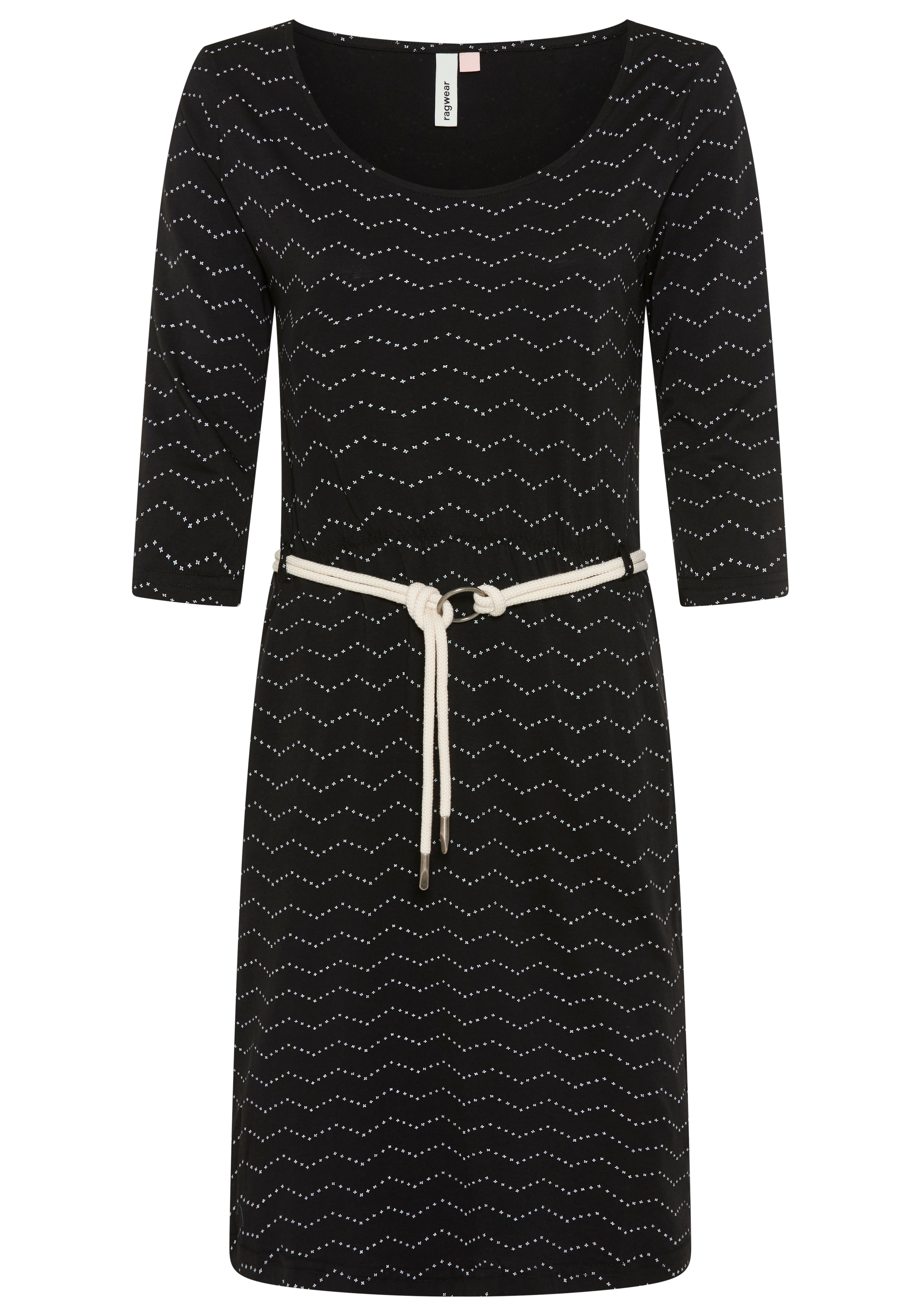 Jerseykleid RAGWEAR "LILITHA ZIG ZAG O", Damen, Gr. M, N-Gr, schwarz, Jersey, Obermaterial: 50% Baumwolle, 50% Modal, gemustert, kniefrei, Rundhals, Kleider Jerseykleid, mit Taillen-Bindegürtel