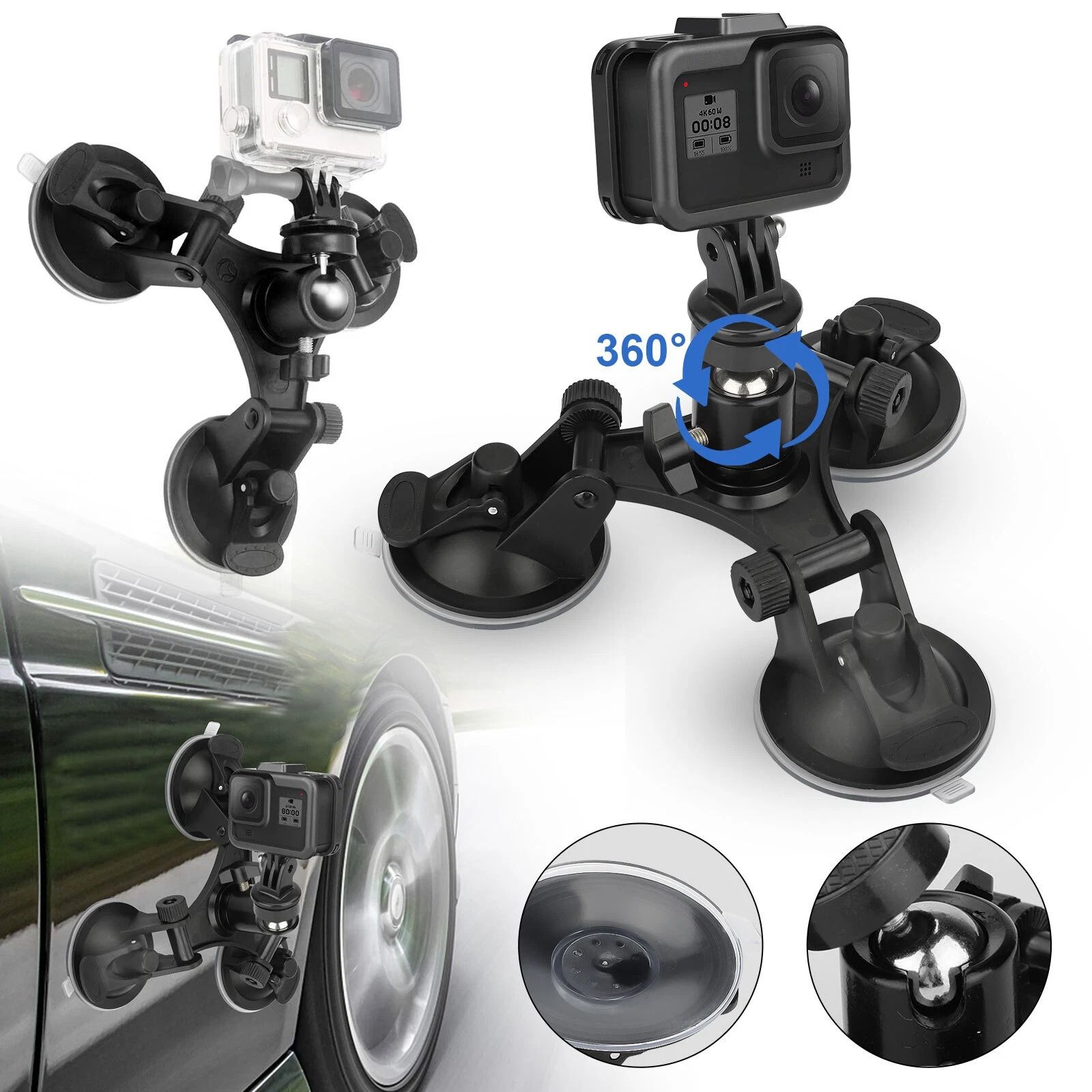 Triple Suction Cup Stand Car Mount Holder, Action Camera, Stable Universal Camera Mount Triple Suction Cup Stand Car Mount Holder, Action Camera, Stable Universal Camera Mount