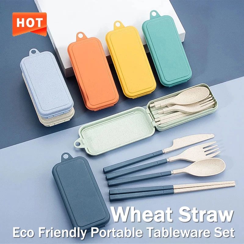 EcoLite 4 Piece Portable Travel Cutlery Set Sustainable Eco Friendly Wheat Straw Tableware With Case pink