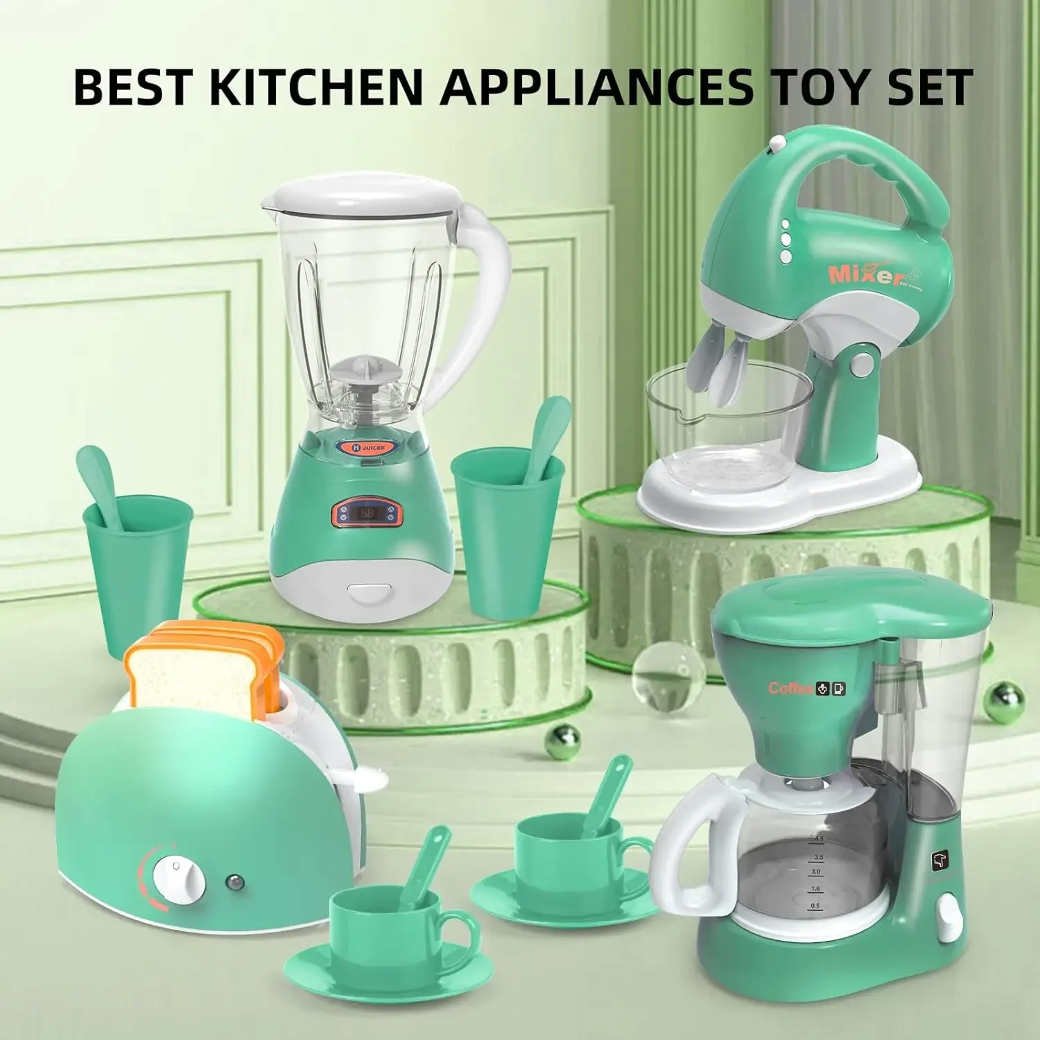 Kids Kitchen Playset With Sound & Light, Coffee Maker, Toaster, Blender, Mixer, Pretend Play Appliance Set blender