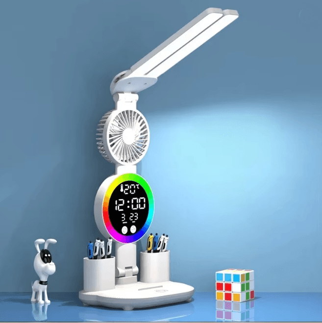 LED Desk Lamp With Fan And Clock Adjustable Reading Light For Study And Night Use d