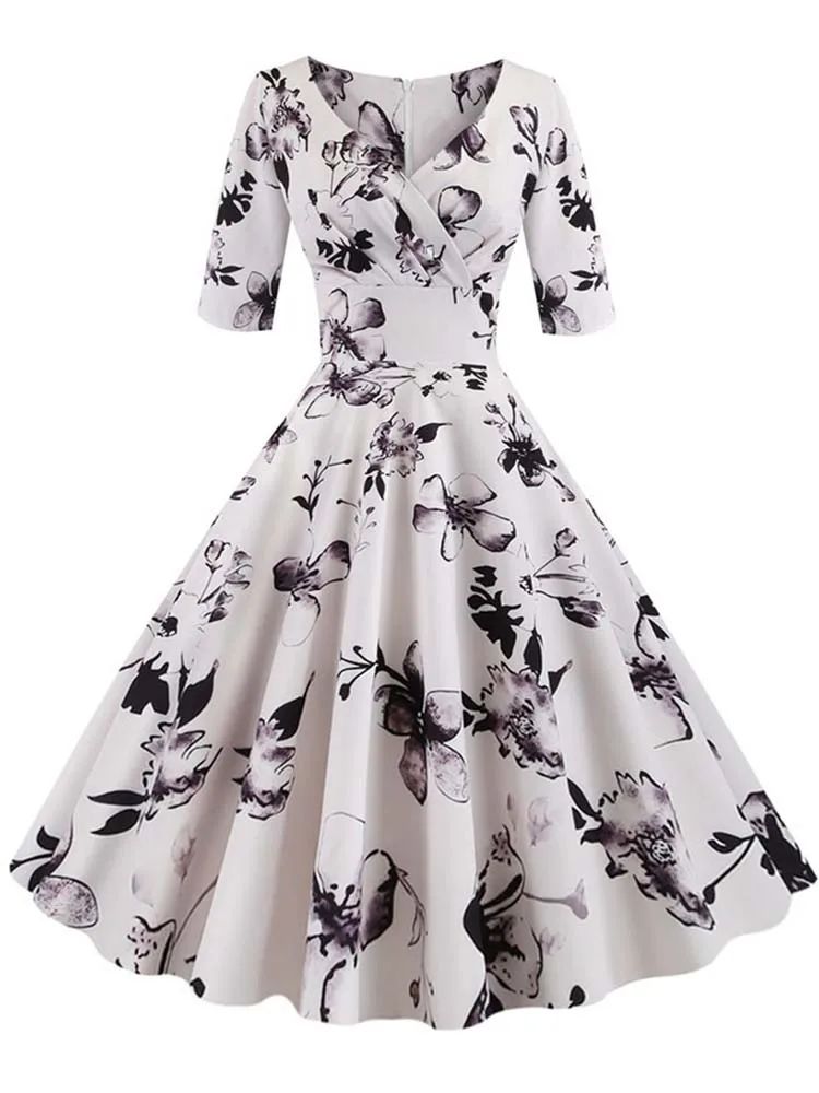 Vintage Floral A Line Summer Dress Half Sleeve Black Retro Party Dress For Women 2 m(us 6)