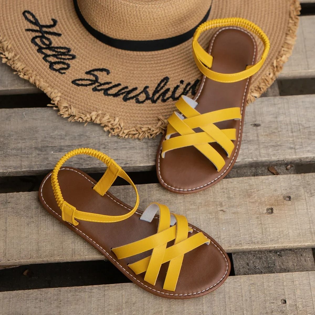 Womens Flat Sandals Lightweight Comfort Sandals With Elastic Band Easy Fit yellow 38
