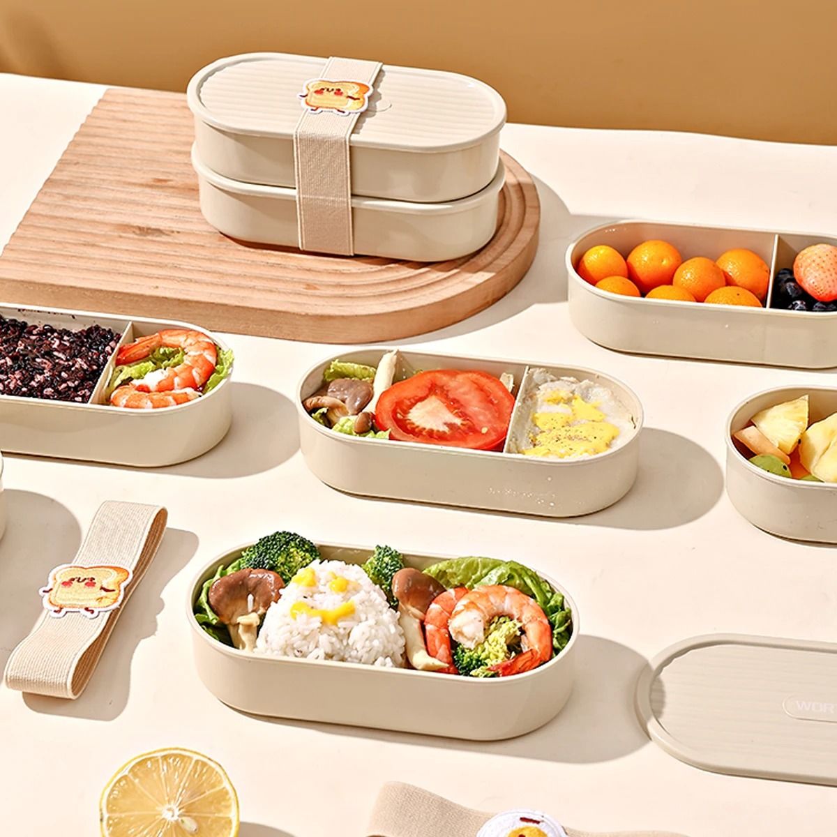 Double Layer Bento Lunch Box Microwave Safe Portable Food Container With Strap beige B 730 Ml