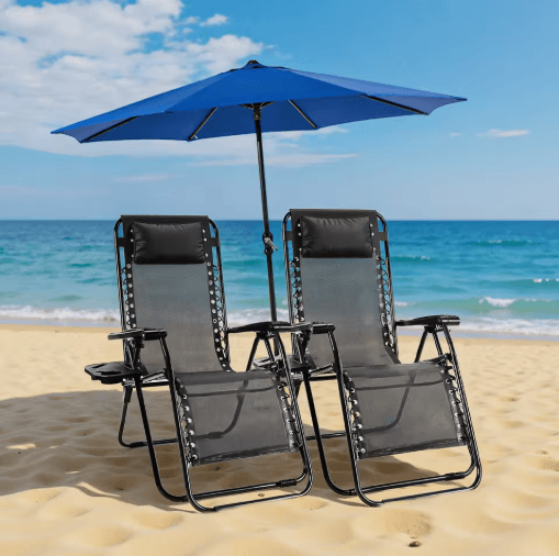 JHK Zero Gravity Portable Recliner Chair Set With Cup Holder & Adjustable Pillow (2 Pack) blue