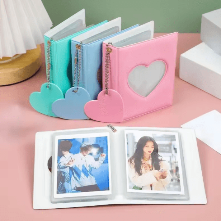 Heart Pendant Photo Album 3Inches Solid Color Kpop Photocard Holder & Polaroid Collectible Card Organizer pink