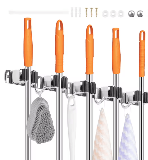 SteelHold Wall Mounted Mop And Broom Organizer Stainless Steel Holder 3pcs 5 Clips 4 Hooks