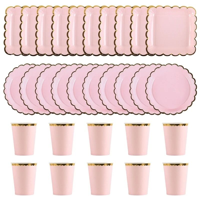 Solid Color Disposable Party Tableware Paper Plates And Cups Set round Green 10 Pcs