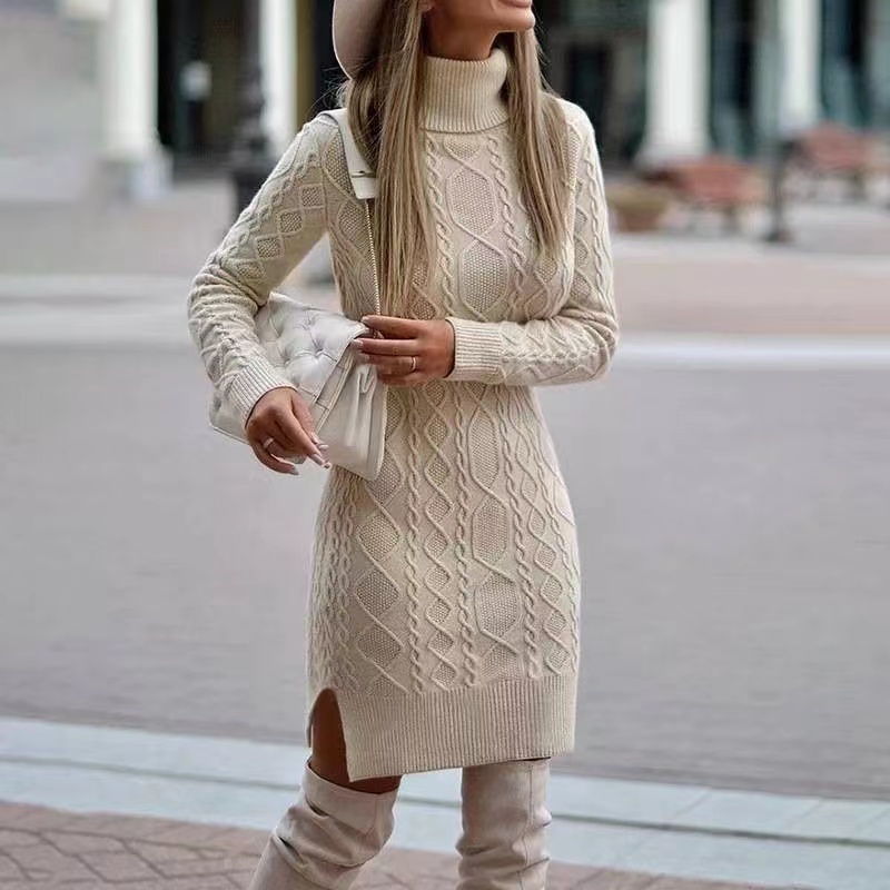 Elegant Winter Knit Sweater Dress With Wrap Hip Skirt And High Neck gray m