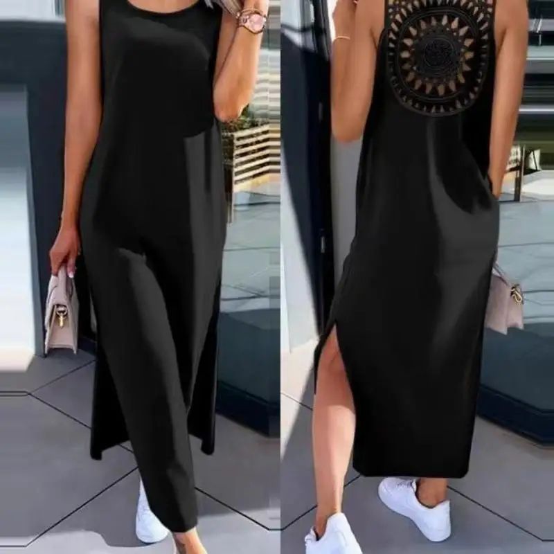 Elegant Summer Sleeveless Womens Summer Dress Casual Solid Slit Midi Dress black xxl(us 14)
