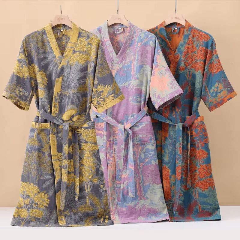 Women's Cotton Printed Kimono Bathrobe Quick Dry Homewear For Spring Summer blue Orange m