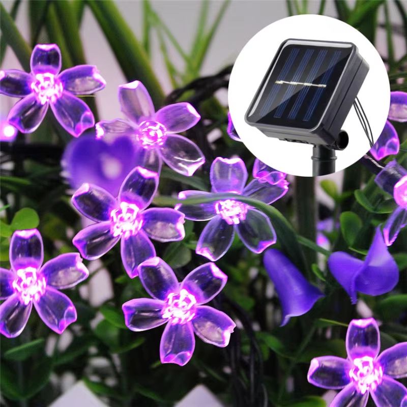 Solar Fairy String Lights Sakura Peach Flower LED Garland Outdoor Decor multicolor
