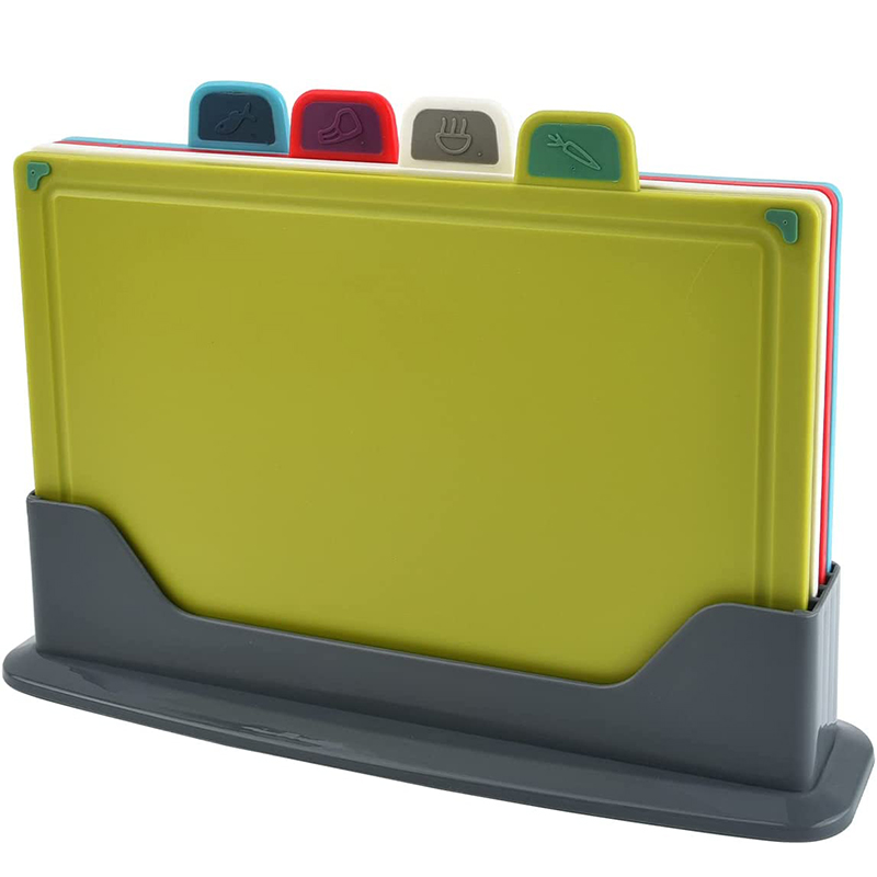 Color Coded Plastic Cutting Board Set With Storage Stand, Thicker Chopping Board Set, Slip Resistant Design For Kitchen Color Coded Plastic Cutting Board Set With Storage Stand, Thicker Chopping Board Set, Slip Resistant Design For Kitchen