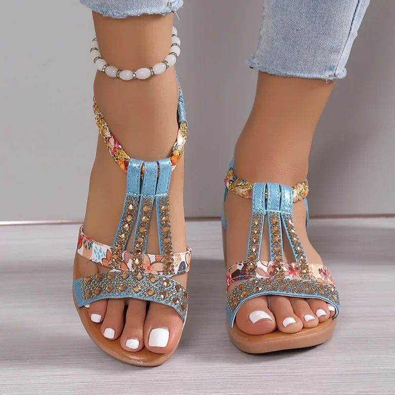 Bohemian Wedge Sandals For Women Summer Wedge Sandals With Rhinestone Detail & Platform Comfort black 37 (us 6.5)