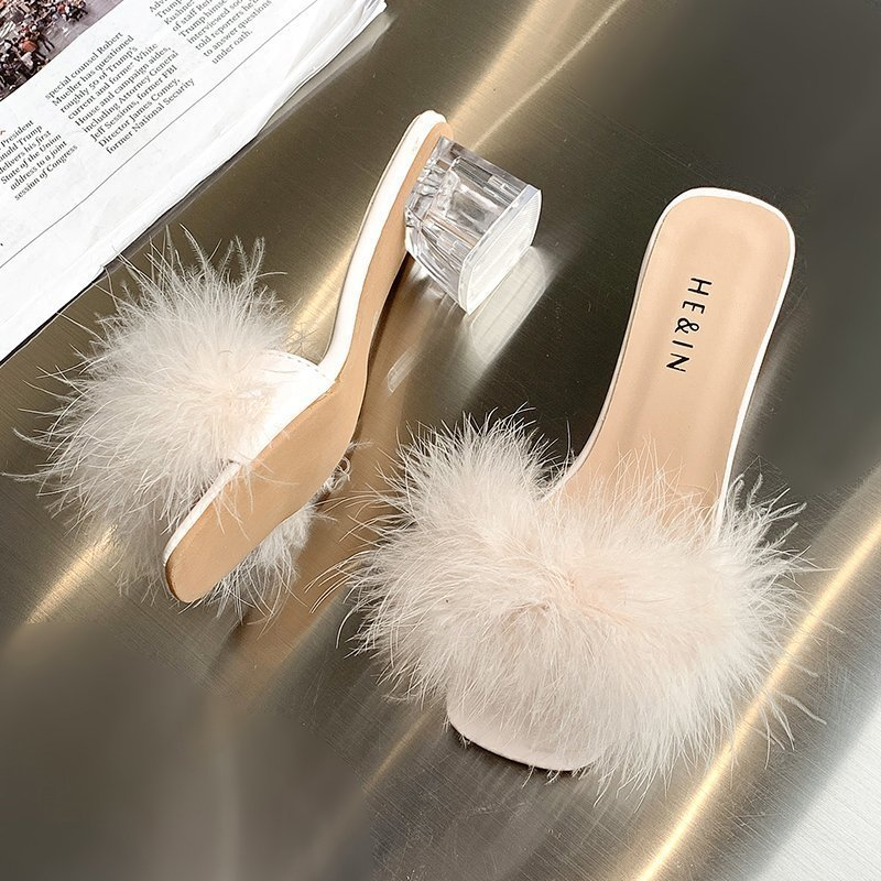 Fashion Slippers Womens Summer Open Toe Plush Fox Fur Chunky Flip Flops Sexy Square Toe Simple Pumps white 41