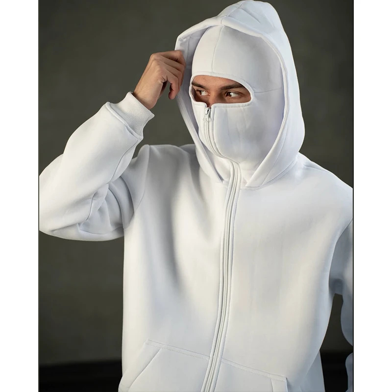 Men Balaclava Hoodie Double Hooded Sweatshirt With Zipper Mask For Gothic Streetwear white1 s