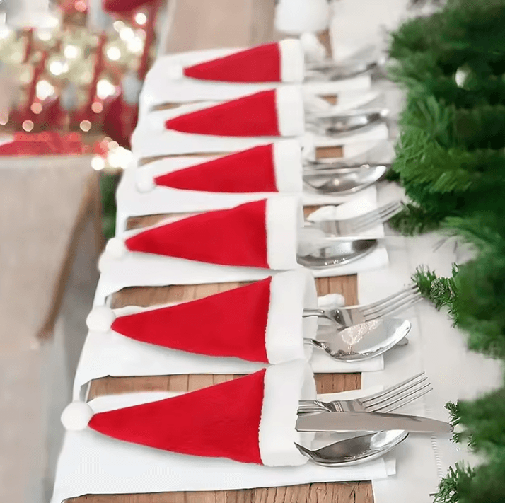 Christmas Table Decorations Mini Santa Hats For Fork, Knife And Cutlery 10pcs